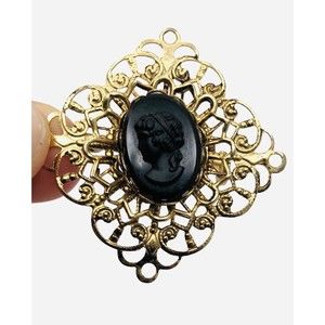 Vintage Black On Black Brooch Mounted On Gold Toned Filigree Costume Jewelry
